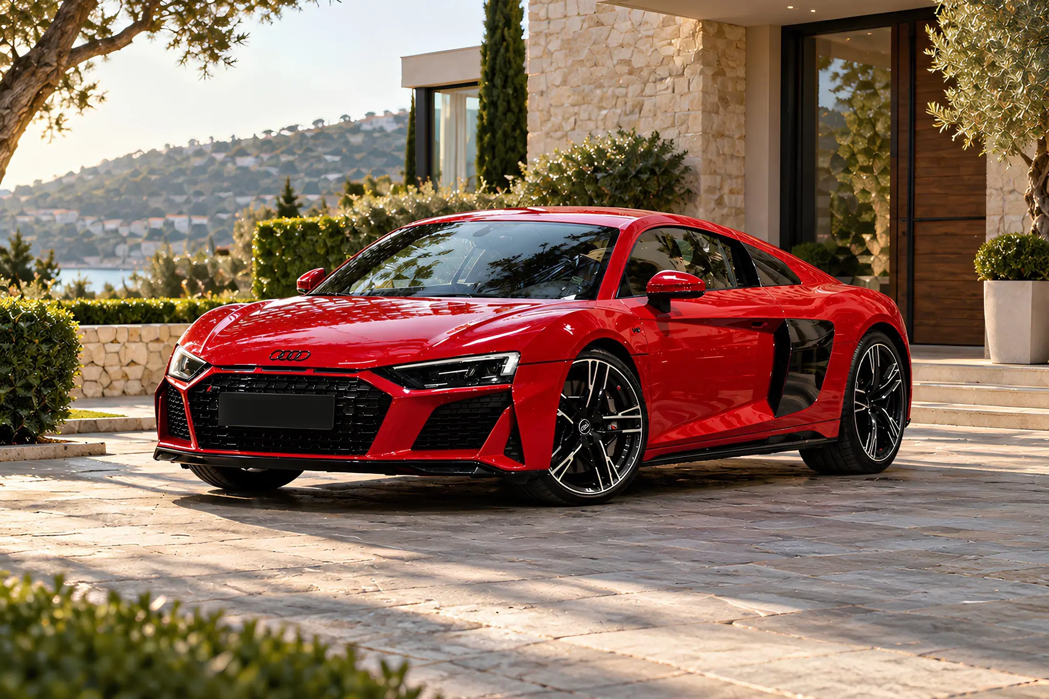 Audi R8 V10 Performance rouge, vue de trois quarts avant