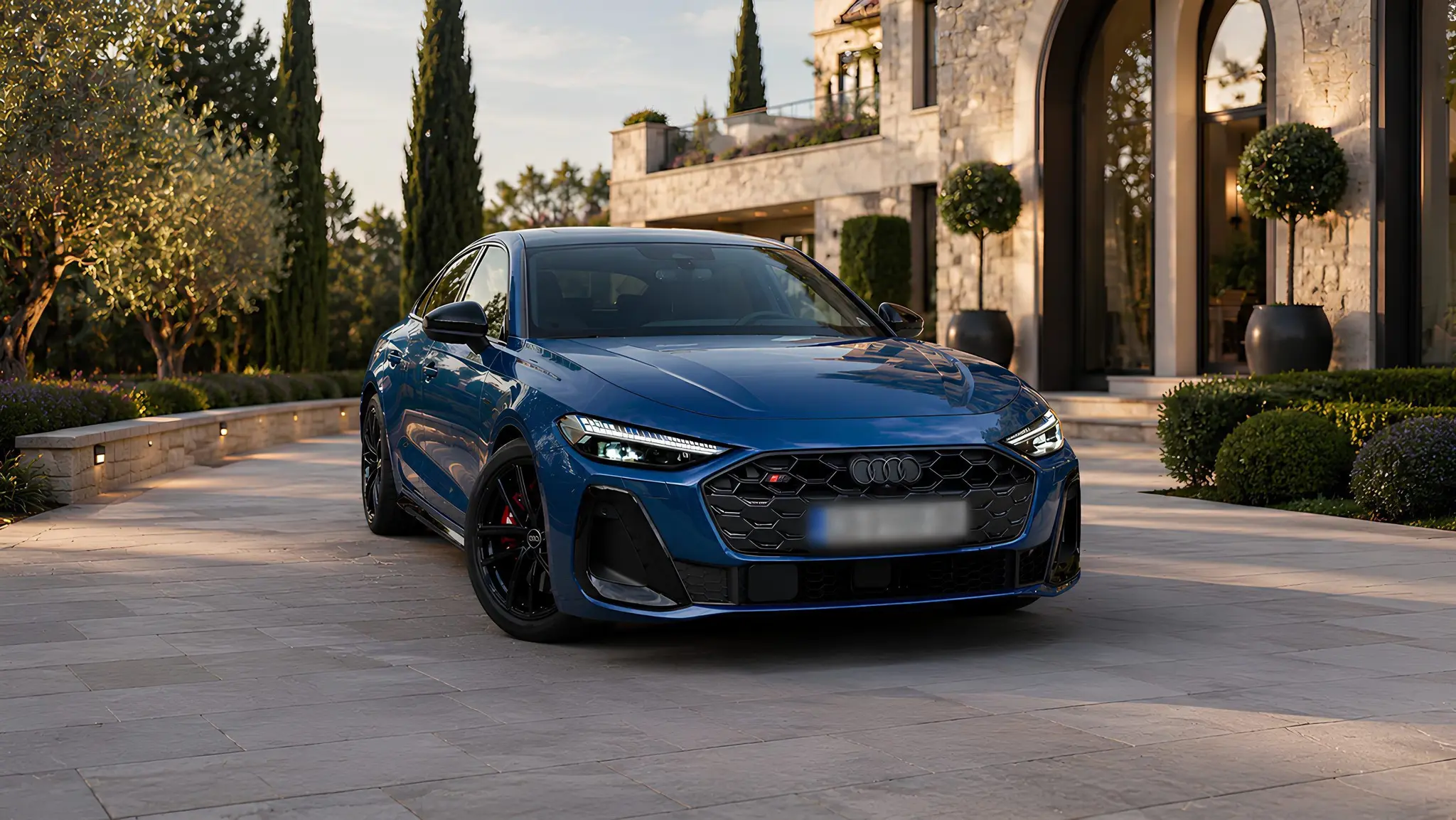 Audi S5 bleue, vue de trois quarts avant