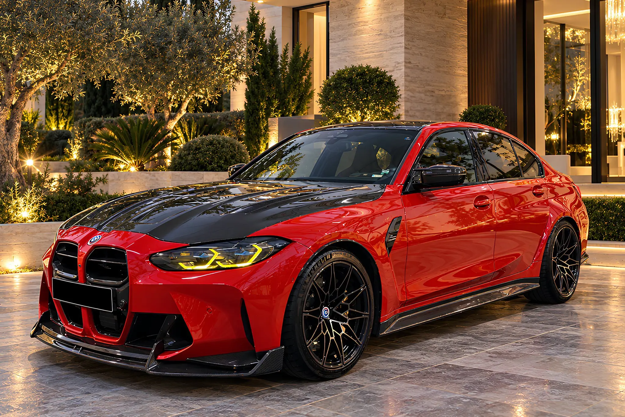 BMW M3 CS rouge à capot en carbone, vue de trois quarts avant