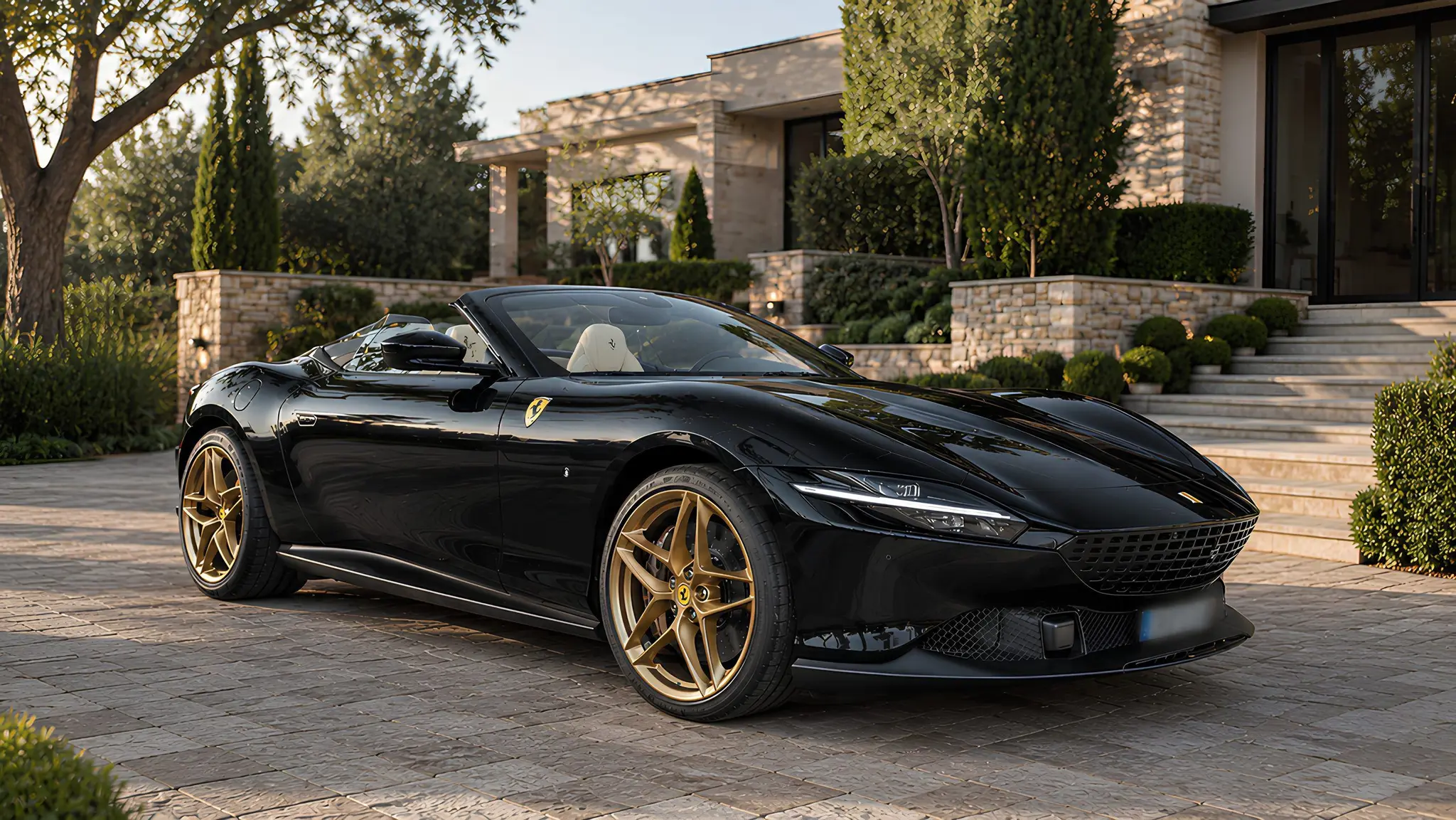 Ferrari Roma Spider noire décapotée, vue de trois quarts avant