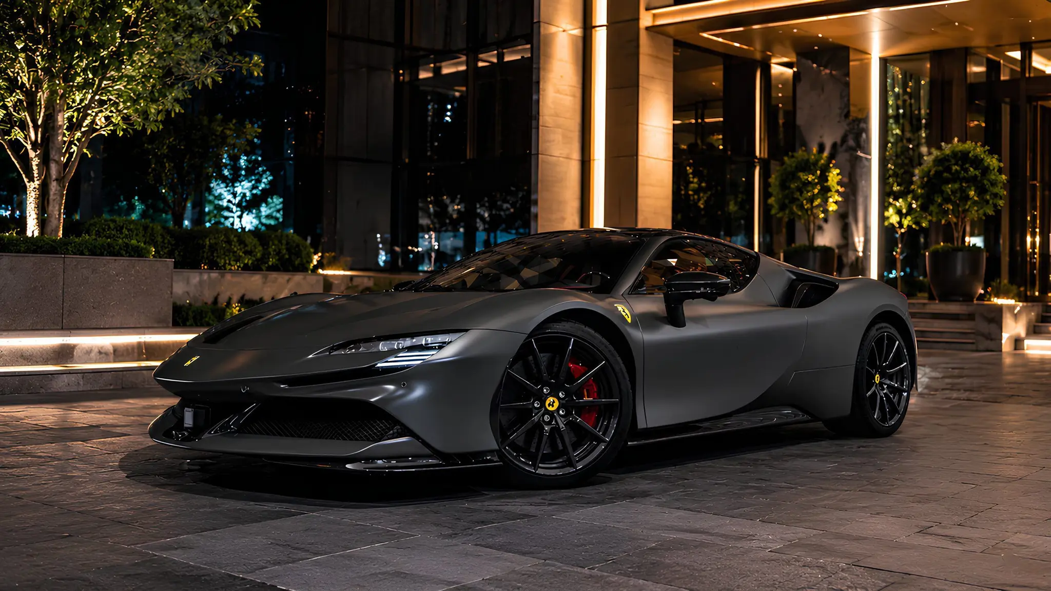 Ferrari SF90 Stradale gris mat, vue de trois quarts avant