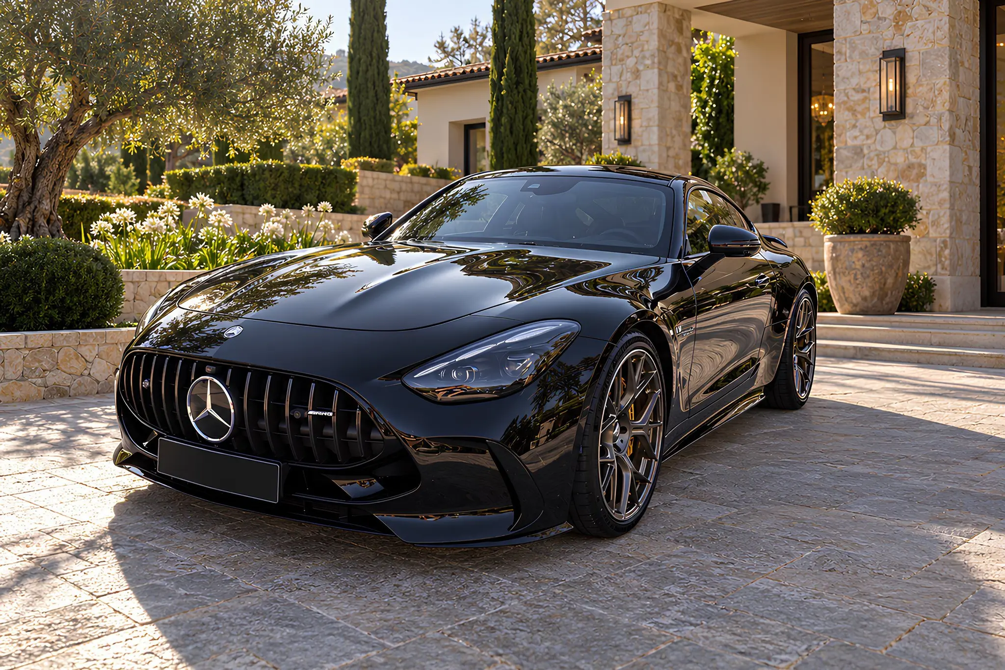 Mercedes-AMG GT 63 4MATIC+ Coupé noire, vue de trois quarts avant