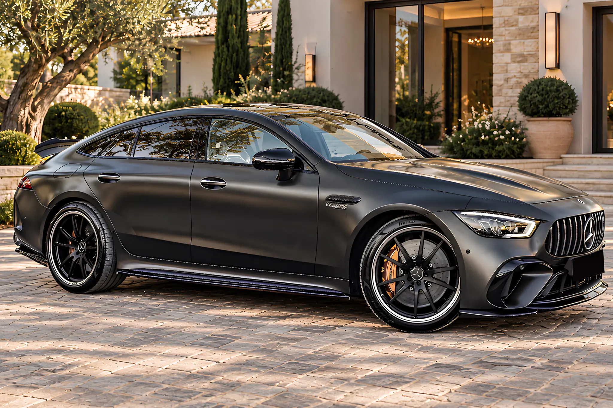 Mercedes-AMG GT 63 S E Performance gris mat, vue de trois quarts avant
