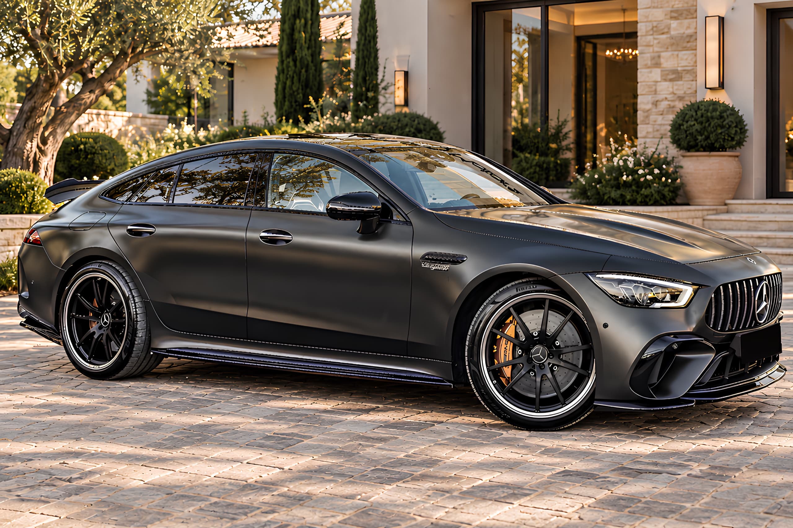 Matte grey Mercedes-AMG GT 63 S E Performance, front three-quarter view