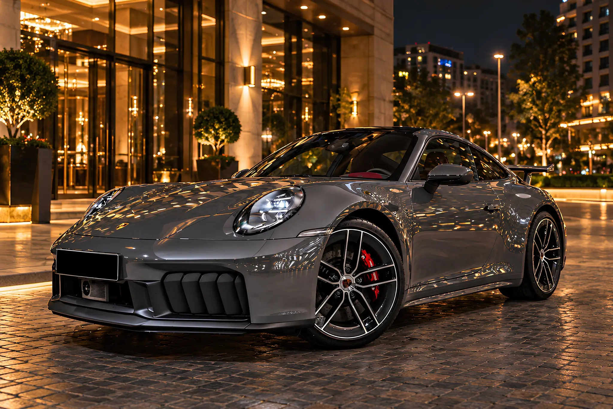 Porsche 911 Carrera 4 GTS grise, vue de trois quarts avant