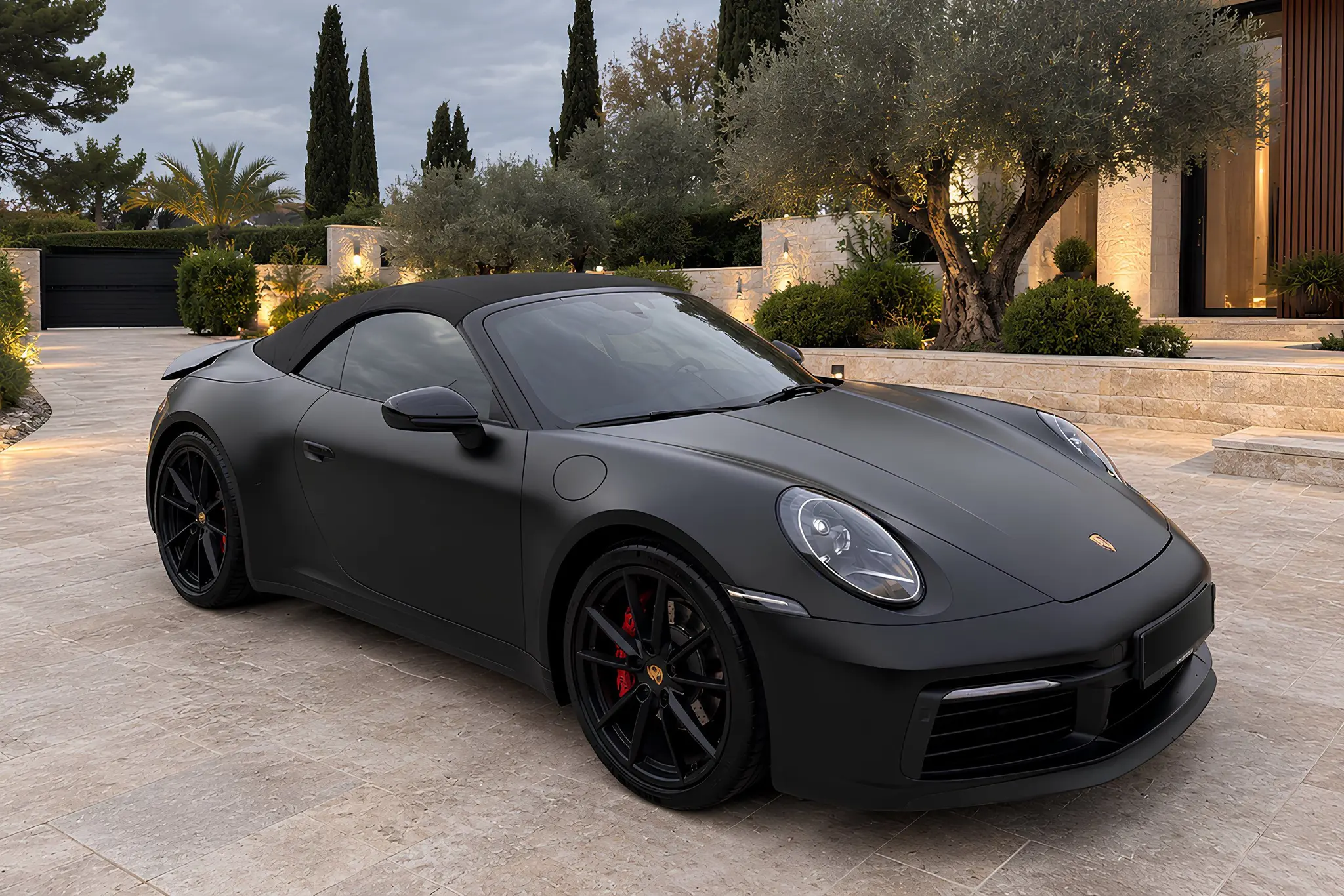 Porsche 911 Carrera 4S Cabriolet Akrapovič noir mat, vue de trois quarts avant