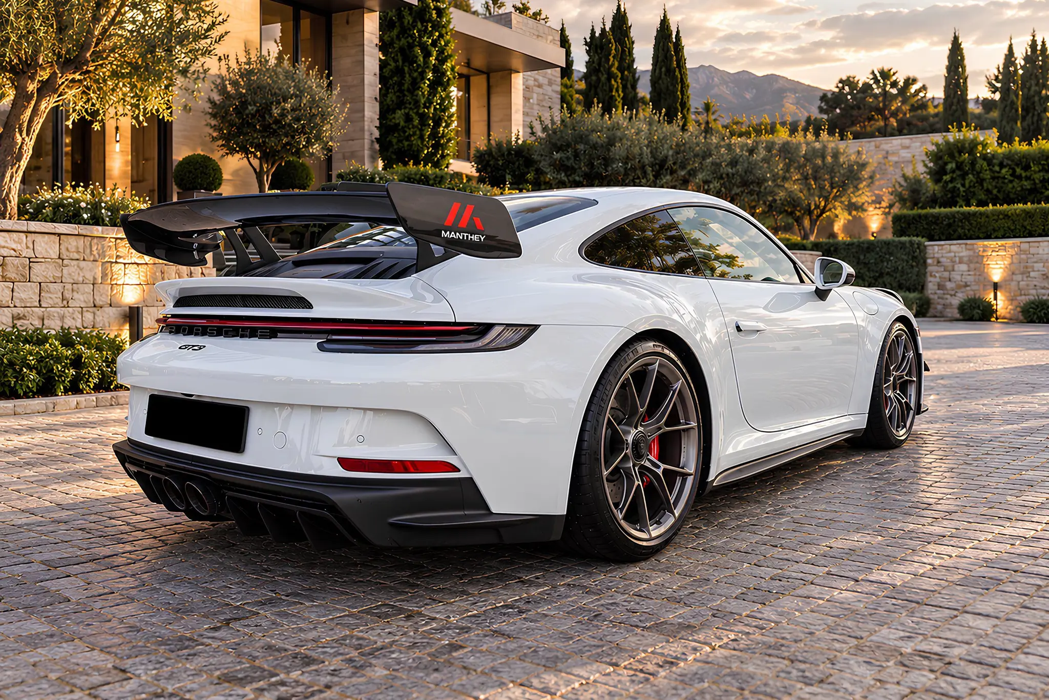 Porsche 911 GT3 Manthey blanche, vue de trois quarts arrière