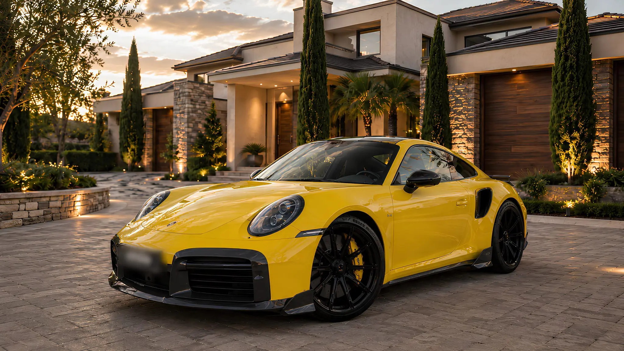 Porsche 911 Turbo S Brabus Rocket R jaune, vue de trois quarts avant