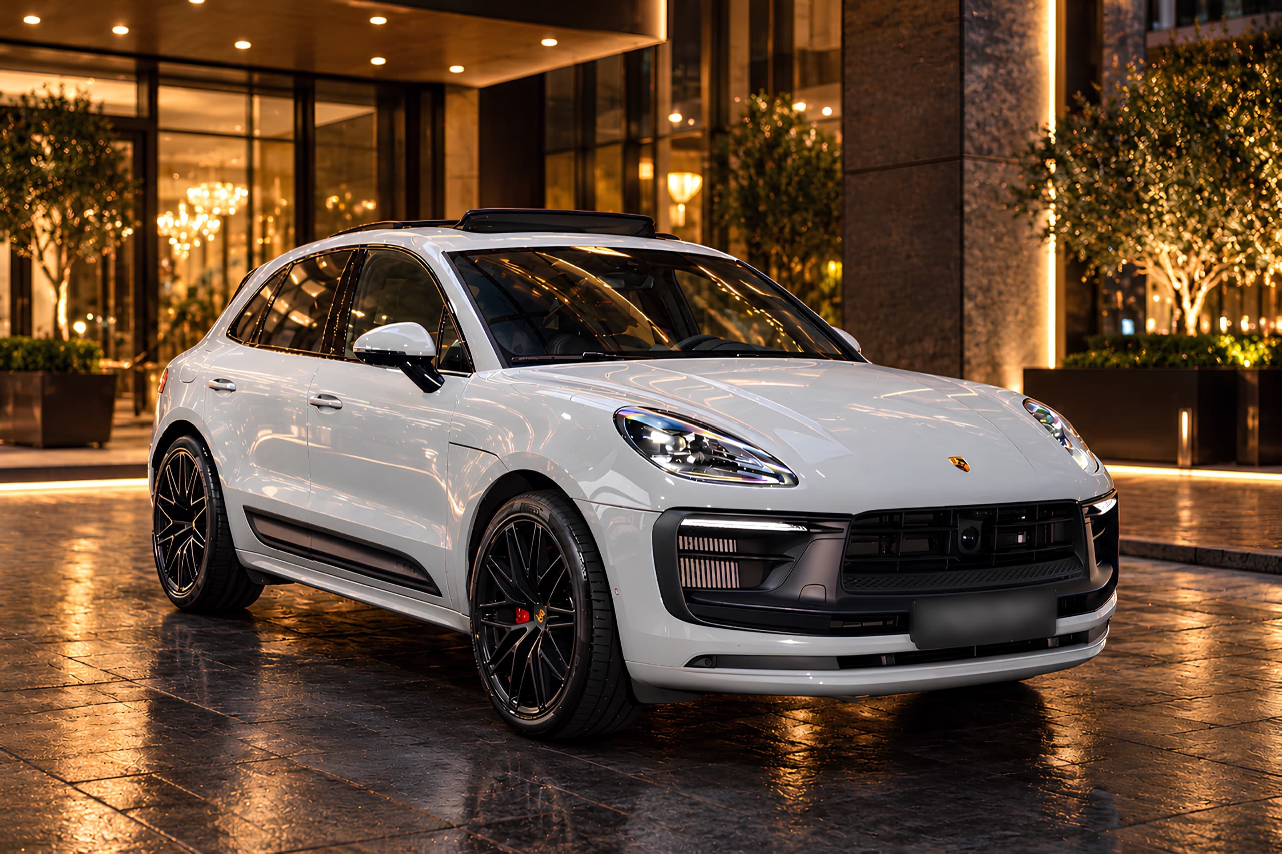 White Porsche Macan GTS, front three-quarter view